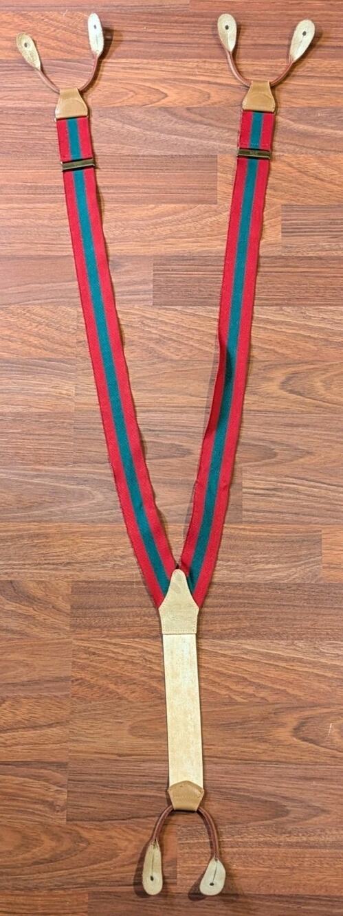 Vintage Suspenders Red Green Stripe Leather Button Braces Mens Classic Y Back